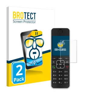Parte frontal de un envase de producto con el logotipo de la marca BROTECT. Al lado se muestra el dispositivo AVM Fritz!Fon C6