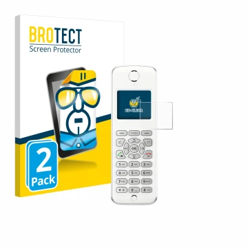 Parte frontal de un envase de producto con el logotipo de la marca BROTECT. Al lado se muestra el dispositivo AVM Fritz!Fon M2