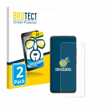 Parte frontal de un envase de producto con el logotipo de la marca BROTECT. Al lado se muestra el dispositivo ZTE Blade A34 co