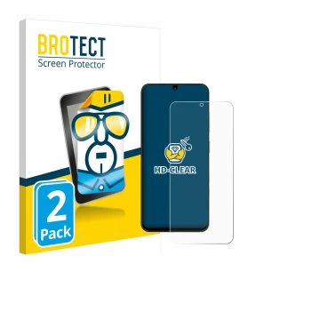 Parte frontal de un envase de producto con el logotipo de la marca BROTECT. Al lado se muestra el dispositivo ZTE Blade A35 co