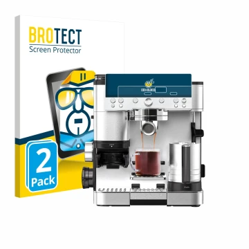 Parte frontal de un envase de producto con el logotipo de la marca BROTECT. Al lado se muestra el dispositivo Ninja Luxe Cafe 