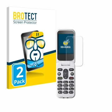 Parte frontal de un envase de producto con el logotipo de la marca BROTECT. Al lado se muestra el dispositivo Doro 2820 con su
