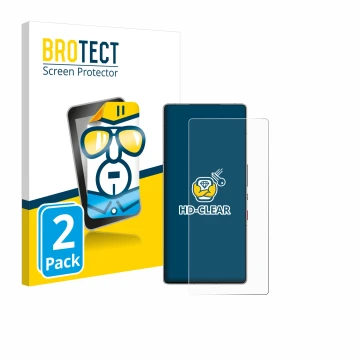 Parte frontal de un envase de producto con el logotipo de la marca BROTECT. Al lado se muestra el dispositivo ZTE Nubia Red Ma