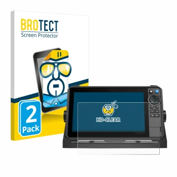 Parte frontal de un envase de producto con el logotipo de la marca BROTECT. Al lado se muestra el dispositivo Lowrance HDS-9 P