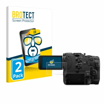 Parte frontal de un envase de producto con el logotipo de la marca BROTECT. Al lado se muestra el dispositivo Canon EOS C400 c