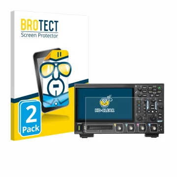 Parte frontal de un envase de producto con el logotipo de la marca BROTECT. Al lado se muestra el dispositivo Rigol DHO914 con