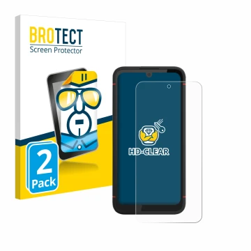 Parte frontal de un envase de producto con el logotipo de la marca BROTECT. Al lado se muestra el dispositivo Volla Phone X23 