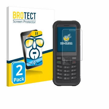 Parte frontal de un envase de producto con el logotipo de la marca BROTECT. Al lado se muestra el dispositivo Sonim XP100 con 