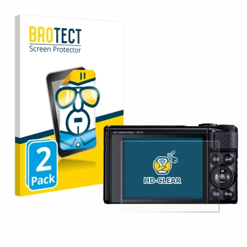 Parte frontal de un envase de producto con el logotipo de la marca BROTECT. Al lado se muestra el dispositivo Canon PowerShot 
