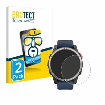 Parte frontal de un envase de producto con el logotipo de la marca BROTECT. Al lado se muestra el dispositivo Garmin quatix 7 