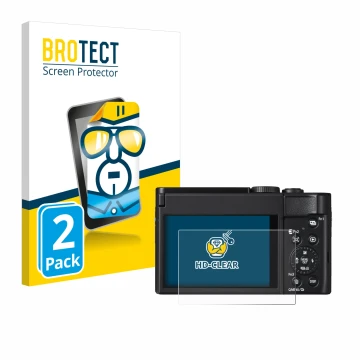 Parte frontal de un envase de producto con el logotipo de la marca BROTECT. Al lado se muestra el dispositivo Panasonic Lumix 