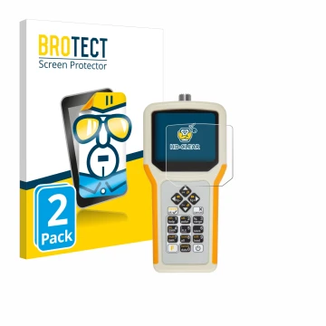 Parte frontal de un envase de producto con el logotipo de la marca BROTECT. Al lado se muestra el dispositivo RigExpert AA-55 