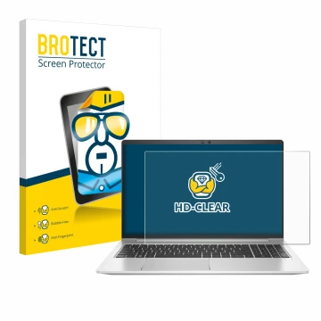 Parte frontal de un envase de producto con el logotipo de la marca BROTECT. Al lado se muestra el dispositivo HP EliteBook 650