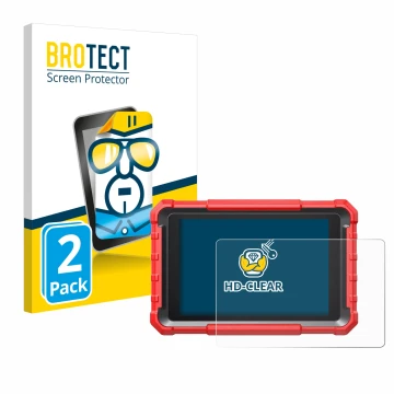 Parte frontal de un envase de producto con el logotipo de la marca BROTECT. Al lado se muestra el dispositivo Launch X-431 PRO
