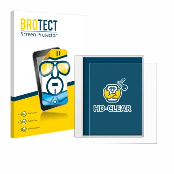 Parte frontal de un envase de producto con el logotipo de la marca BROTECT. Al lado se muestra el dispositivo Boox Note Max co