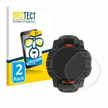 Parte frontal de un envase de producto con el logotipo de la marca BROTECT. Al lado se muestra el dispositivo Garmin Instinct 
