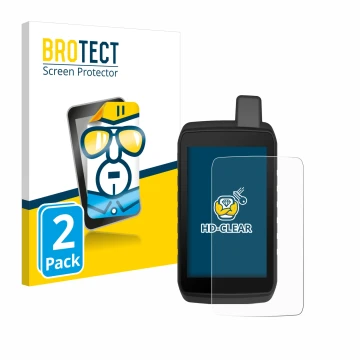 Parte frontal de un envase de producto con el logotipo de la marca BROTECT. Al lado se muestra el dispositivo Garmin Montana 7