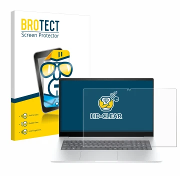 Parte frontal de un envase de producto con el logotipo de la marca BROTECT. Al lado se muestra el dispositivo HP Envy 17-da077
