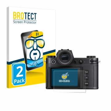 Parte frontal de un envase de producto con el logotipo de la marca BROTECT. Al lado se muestra el dispositivo Leica SL3-S con 