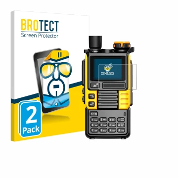 Parte frontal de un envase de producto con el logotipo de la marca BROTECT. Al lado se muestra el dispositivo Quansheng UV-K5 