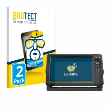 Parte frontal de un envase de producto con el logotipo de la marca BROTECT. Al lado se muestra el dispositivo Lowrance Eagle 9