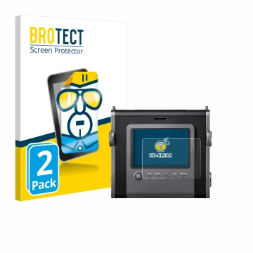 Parte frontal de un envase de producto con el logotipo de la marca BROTECT. Al lado se muestra el dispositivo Fujifilm Instax 