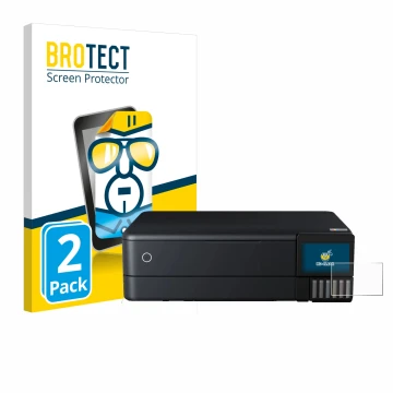 Parte frontal de un envase de producto con el logotipo de la marca BROTECT. Al lado se muestra el dispositivo Epson EcoTank ET
