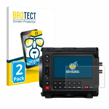 Parte frontal de un envase de producto con el logotipo de la marca BROTECT. Al lado se muestra el dispositivo Blackmagic Desig