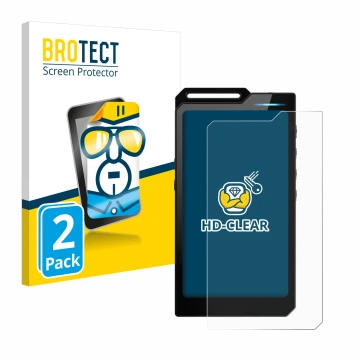 Parte frontal de un envase de producto con el logotipo de la marca BROTECT. Al lado se muestra el dispositivo Hiby R4 con su p