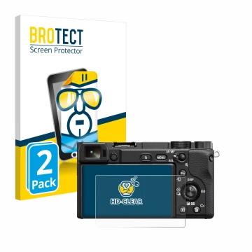 Parte frontal de un envase de producto con el logotipo de la marca BROTECT. Al lado se muestra el dispositivo Sony Alpha 6100A