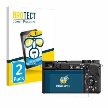 Parte frontal de un envase de producto con el logotipo de la marca BROTECT. Al lado se muestra el dispositivo Sony Alpha 6400A