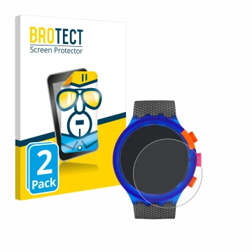 Parte frontal de un envase de producto con el logotipo de la marca BROTECT. Al lado se muestra el dispositivo Swatch Neon Part