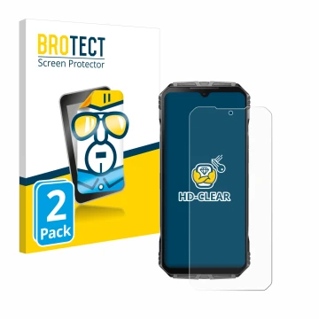 Parte frontal de un envase de producto con el logotipo de la marca BROTECT. Al lado se muestra el dispositivo Doogee S Cyber P