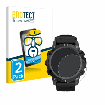 Parte frontal de un envase de producto con el logotipo de la marca BROTECT. Al lado se muestra el dispositivo Garmin Descent G