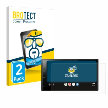 Parte frontal de un envase de producto con el logotipo de la marca BROTECT. Al lado se muestra el dispositivo Pioneer SPH-DA77