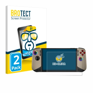 Parte frontal de un envase de producto con el logotipo de la marca BROTECT. Al lado se muestra el dispositivo MSI Claw 8 AI+ c