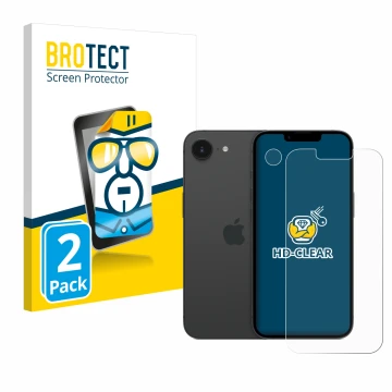 Parte frontal de un envase de producto con el logotipo de la marca BROTECT. Al lado se muestra el dispositivo Apple iPhone 16e