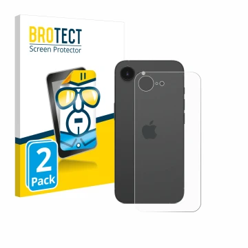 Parte frontal de un envase de producto con el logotipo de la marca BROTECT. Al lado se muestra el dispositivo Apple iPhone 16e