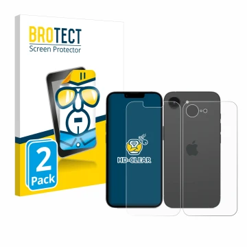 Parte frontal de un envase de producto con el logotipo de la marca BROTECT. Al lado se muestra el dispositivo Apple iPhone 16e