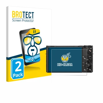 Parte frontal de un envase de producto con el logotipo de la marca BROTECT. Al lado se muestra el dispositivo Sony Cyber-Shot 