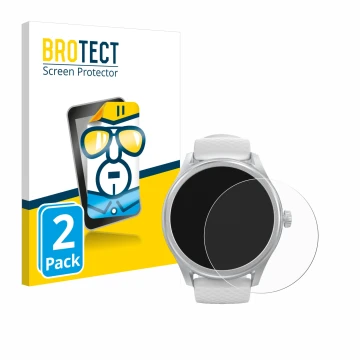 Parte frontal de un envase de producto con el logotipo de la marca BROTECT. Al lado se muestra el dispositivo Hama Smartwatch 