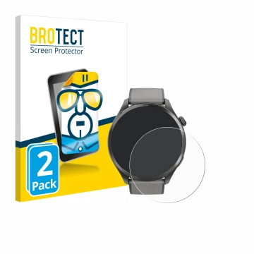 Parte frontal de un envase de producto con el logotipo de la marca BROTECT. Al lado se muestra el dispositivo Hama Smartwatch 