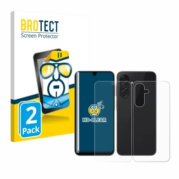 Parte frontal de un envase de producto con el logotipo de la marca BROTECT. Al lado se muestra el dispositivo Samsung Galaxy A