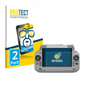 Parte frontal de un envase de producto con el logotipo de la marca BROTECT. Al lado se muestra el dispositivo DJI RC Plus 2 co