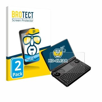 Parte frontal de un envase de producto con el logotipo de la marca BROTECT. Al lado se muestra el dispositivo GPD Win Mini (20