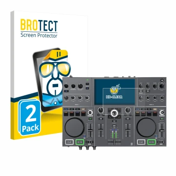 Parte frontal de un envase de producto con el logotipo de la marca BROTECT. Al lado se muestra el dispositivo Denon DJ Prime G