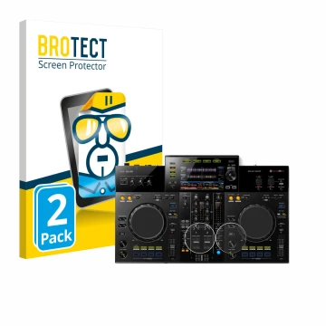 Parte frontal de un envase de producto con el logotipo de la marca BROTECT. Al lado se muestra el dispositivo Pioneer XDJ -RR 