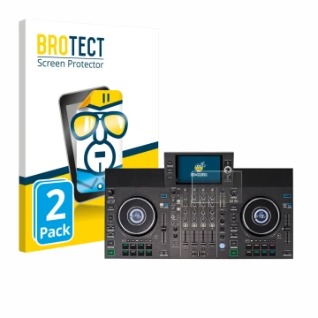 Parte frontal de un envase de producto con el logotipo de la marca BROTECT. Al lado se muestra el dispositivo Denon DJ SC LIVE
