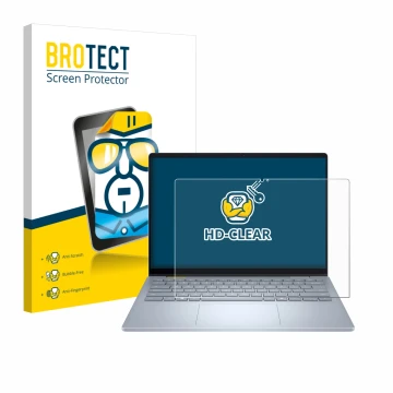 Parte frontal de un envase de producto con el logotipo de la marca BROTECT. Al lado se muestra el dispositivo Dell 14 Plus 2-i