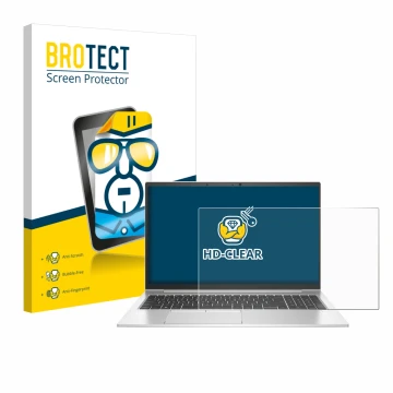 Parte frontal de un envase de producto con el logotipo de la marca BROTECT. Al lado se muestra el dispositivo HP EliteBook 855